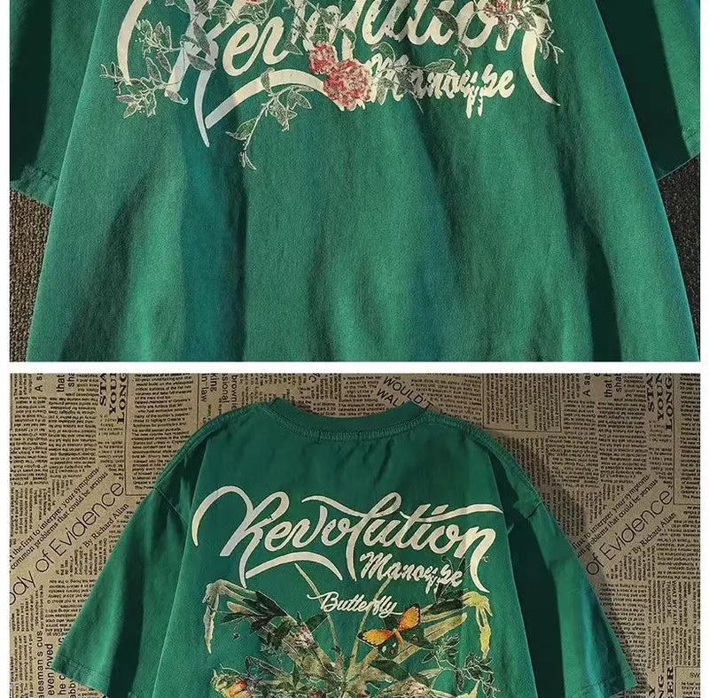 American retro high street skeleton butterfly pure cotton short-sleeved European and American fashion brand half-sleeved y2k top
