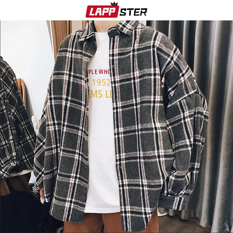 Y2k Harajuku Harajuku Plaid Shirt 2023 Man Streetwear Fleece Shirts Long Sleeve Mens Vintage Korean Fashions Clothes