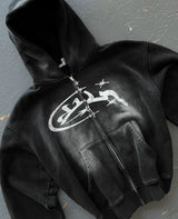 Harajuku Vintage Washed Divin Zip Up Hoodie Y2K Streetwear Goth Hip Ho