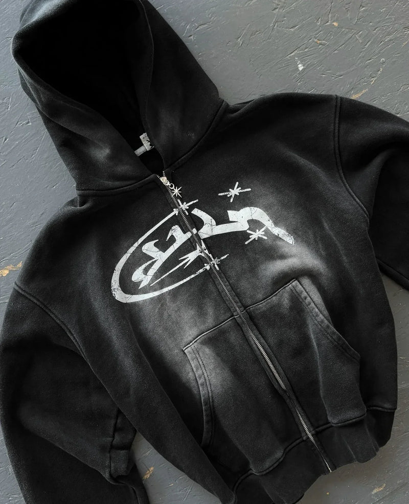 Harajuku Vintage Washed Divin Zip Up Hoodie Y2K Streetwear Goth Hip Ho