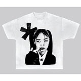 manga glitchcore tee with cartoon drips and pastel frame details