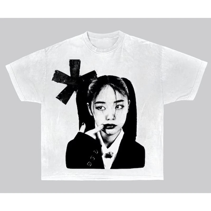 manga glitchcore tee with cartoon drips and pastel frame details