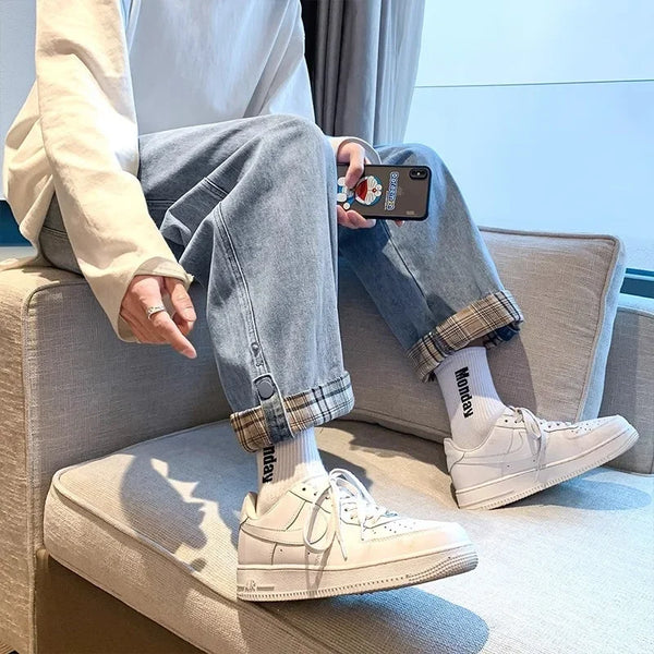 2024 new plaid trouser legs jeans for men casual baggy straight denim pants korean fashion y2k streetwear pantalones hombre jean vintage washed jeans
