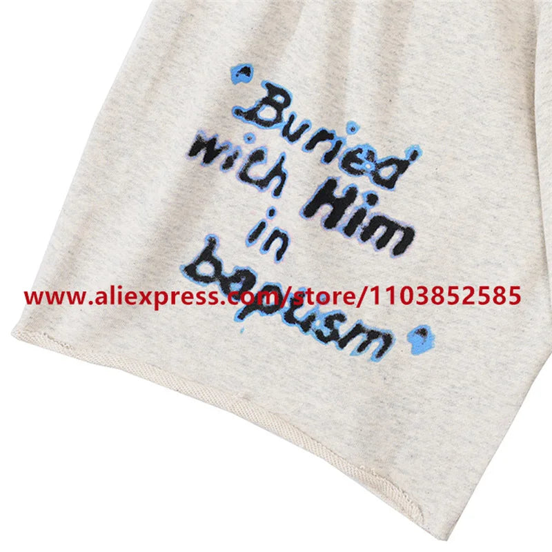 2024 American Heavyweight Vintage Men's Shorts With Letter Print Drawstring Loose Casual High Street High Quality