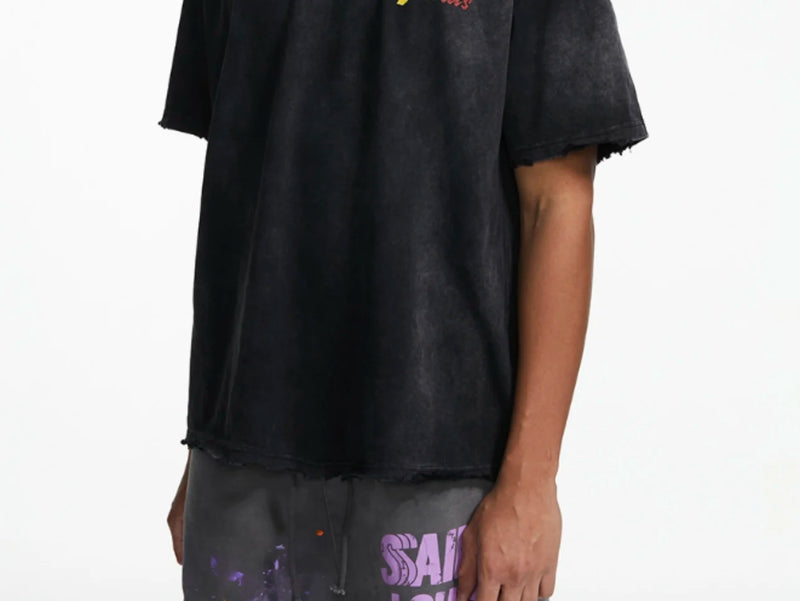 24ss Saint Louis Future Vintage Retro Print High-Street Cotton Short Sleeve Washed Distressed Tops T-Shirt For Summer