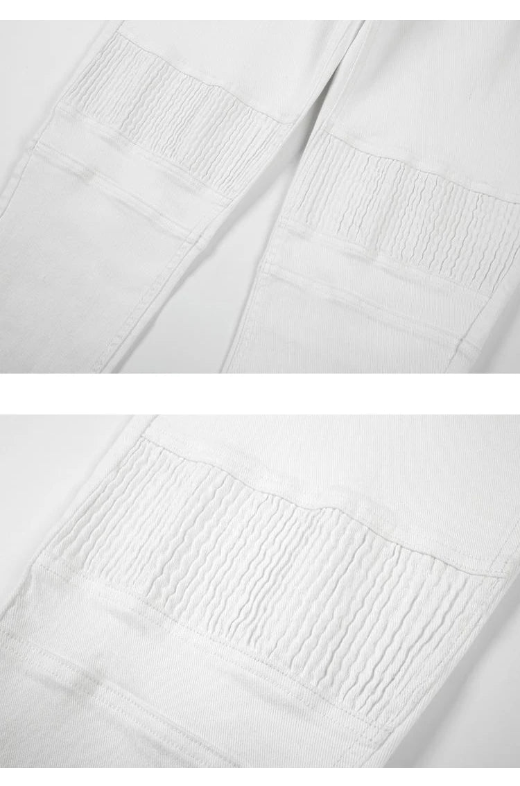high street white knee pleated vertical stripe elastic fit skinny jeans male casual small leg jeans pants slim mens clothing unique jeans style 3688