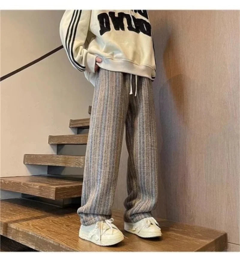 autumn striped woolen straight leg pants for men classic y2k vintage baggy trousers new casual high street fashion sweatpants unique joggers style 284