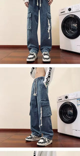 american retro and personalized straight leg jeans for men and women with hiphop big pocket design work pants loose casual pants unique jeans style 766