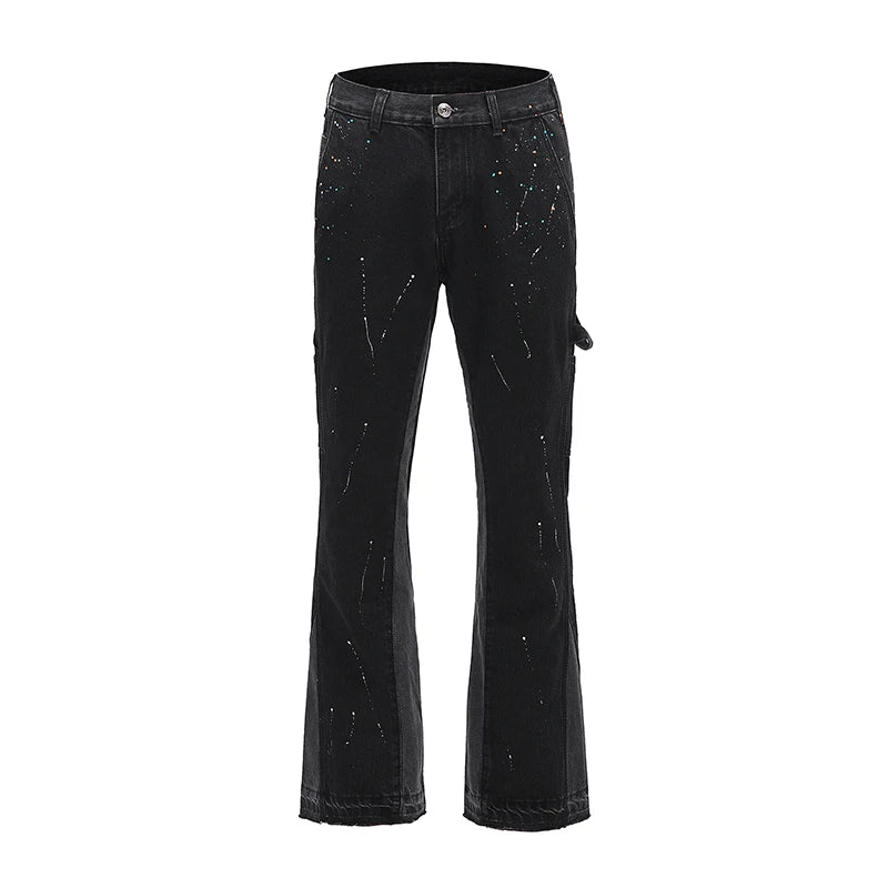 high street washed color match frayed micro flared jeans mens straight spliced retro loose casual denim pants hip hop trousers unique jeans style 13