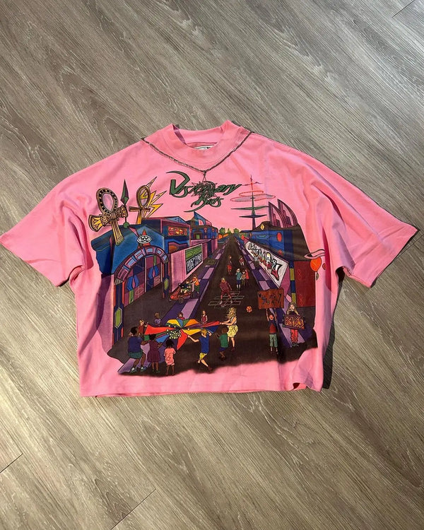 Vaporwave Anime panel – New Gothic Cartoon Toy Letter Printed Large Pattern T Shirt