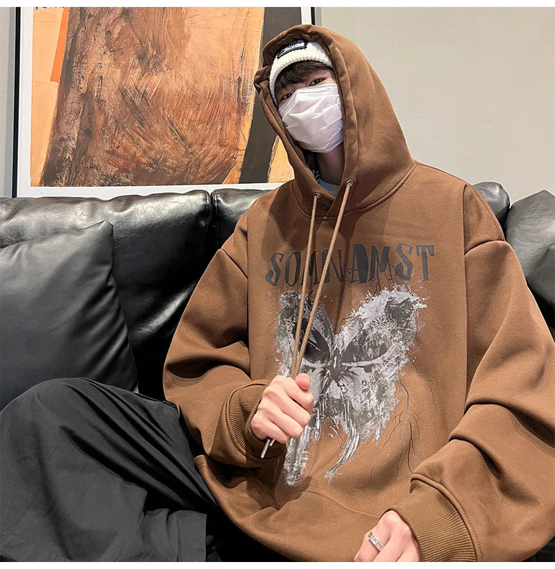 New Gothic Butterfly Printed Hooded Sweatshirt For Men Y2K Harajuku Fa
