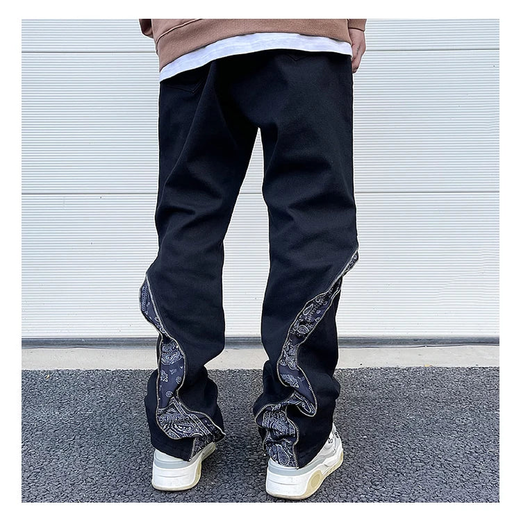 high street black white straight zipper becomes slightly flared denim jeans harajuku casual hip hop cashew flower jeans for men unique jeans style 4416