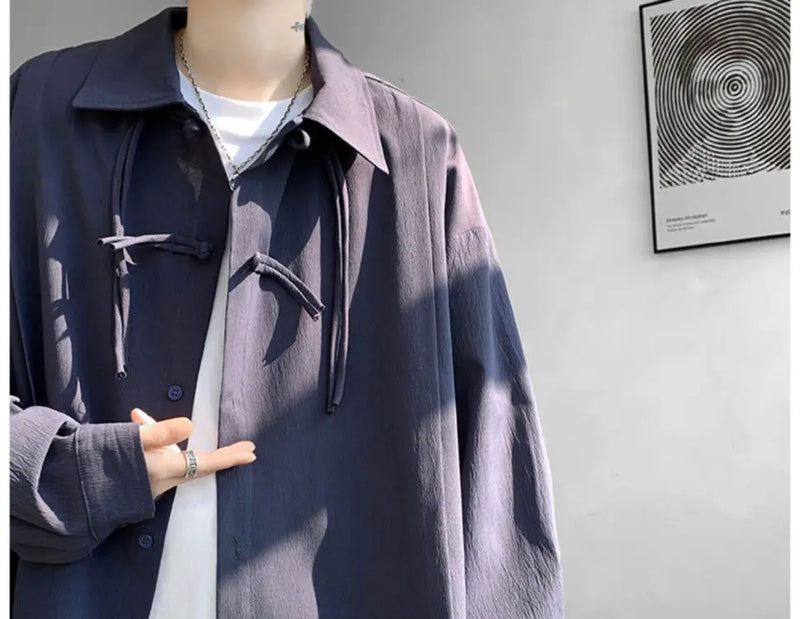 Shirts for men spring and autumn style national fashion design loose and versatile large size outer wear lapel long sleeved tops