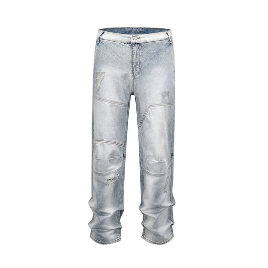 streetwear ripped damaged washed blue baggy denim pants for men straight distressed casual jeans oversized cargo trousers combat utility trousers