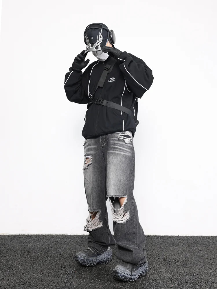 knee destroy big holes high street pants mens casual harajuku zipper straight trousers hip hop fashion streetwear baggy joggers relaxed fit joggers