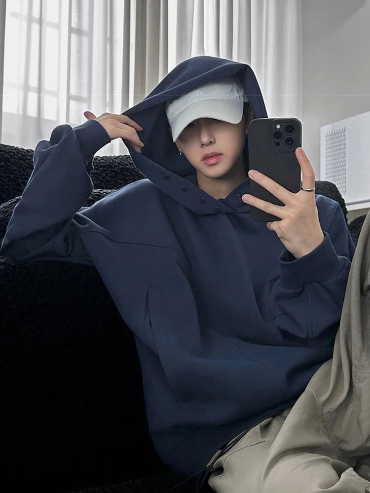 Layered Streetwear Knit Top – Autumn Fleece Button Up Neck Hip Hop Sweatshirts For Men Solid Color Oversized Y2K Hoodies High Street Fashion Hooded Tracksuit | Zip Knit Drop #128