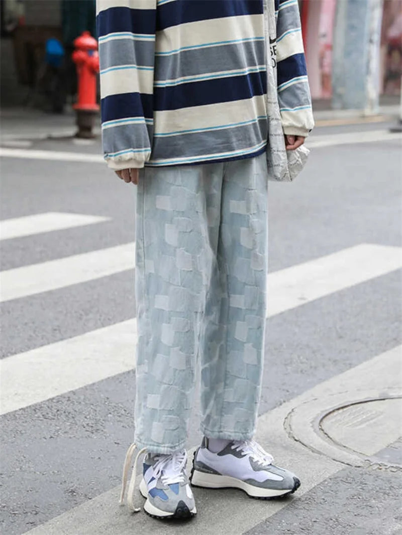 american plaid straight jeans mens casual streetwear printed denim pants autumn baggy classic wide leg retro y2k jean trousers unique jeans style 889