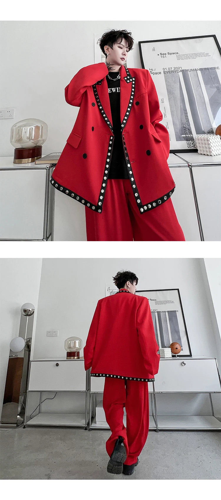 men streetwear fashion loose casual rivet hip hop party dress 2 piece suits blazers jacket pant sets stage clothing costume unique default style 1546