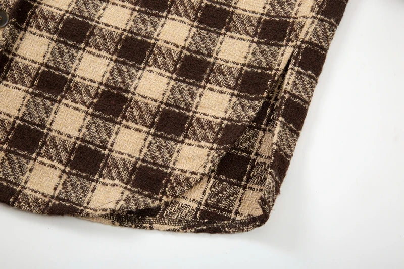 Side Split Irregualr Hem Color Match Plaid Long leeve Shirts Men's Autumn Pockets Streetwear Oversized Checkered Top Tees