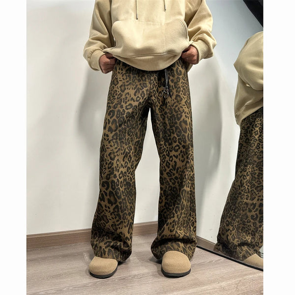 Leopard Printed Jeans Men Fashion Retro Printed Vintage Jeans Men Streetwear Hip-hop Loose Wide Leg Jeans Mens Denim Trousers