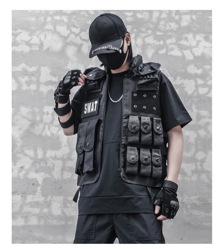 menswear fashion piece featuring hip hop sleeveless vests adjustment cargo waistcoat with pockets zipper military jacket fashion streetwear mens tactical vests design – premium quality jacket for men