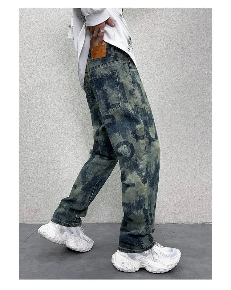 men loose casual american high street hip hop vibe printed denim baggy jeans pants man streetwear ripped jeans trousers unique jeans style 3095