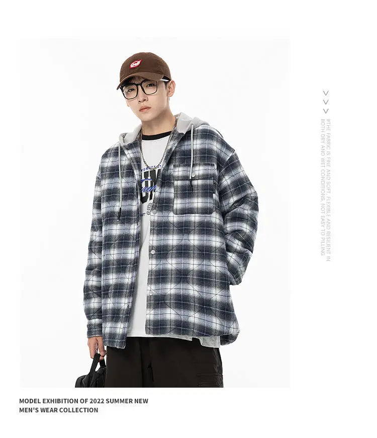 Winter Quilted Thick Plaid Hooded Jacket Men Wmen Streetwear Fashion Oversize Loose Casual Hoody Jacket Padded-cotton Parka Coat