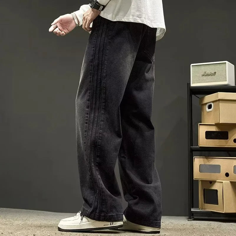 elastic waist baggy jeans for men side striped wide leg denim pants korean fashion casual trousers y2k vintage jean hombre denim street jeans