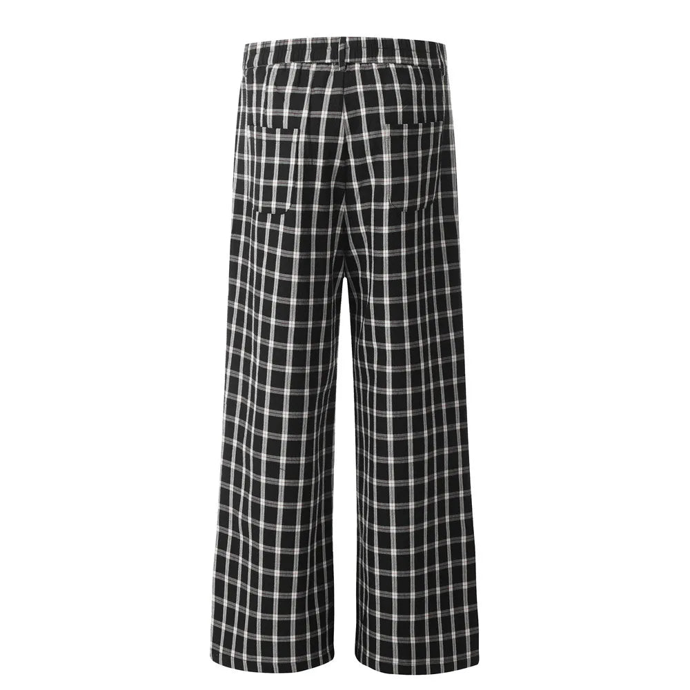 men women american streetwear fashion loose plaid wide leg straight pant boyfriend button down sports casual pants trousers unique default style 1427