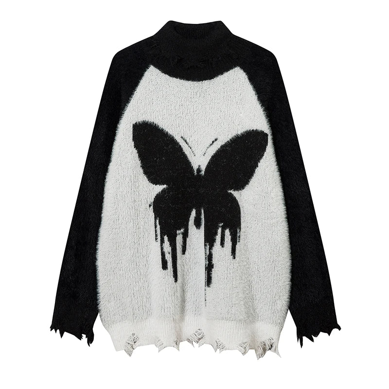 destroy ripped neck knitted sweater unisex butterfly pattern pullover long sleeve autumn winter warm sweaters streetwear jumpers - urban fashion pullover, soft fleece-lined outerwear, gothic aesthetic hoodie for winter