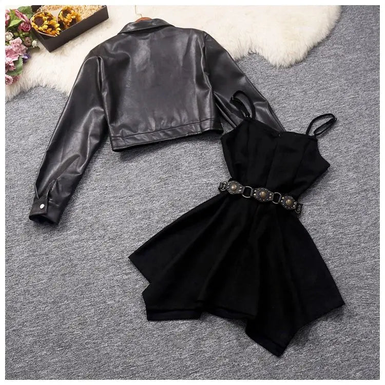 Retro hot girl camisole irregular big swing skirt short leather jacket coffee color set two piece sets womens outifits dress