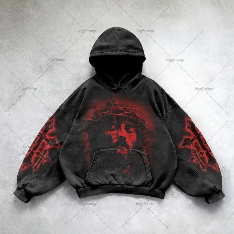 Gothic Punk Style Y2K Harajuku Retro Hoodie Cross Hip-hop Casual Loose Oversized Sweatshirt