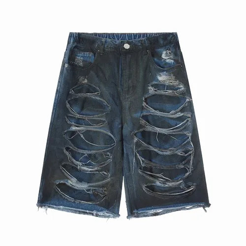 destroy ripped big holes spliced denim jeans shorts hip hop loose short pant harajuku half baggy jeans mens summer casual shorts unique jeans style 2667