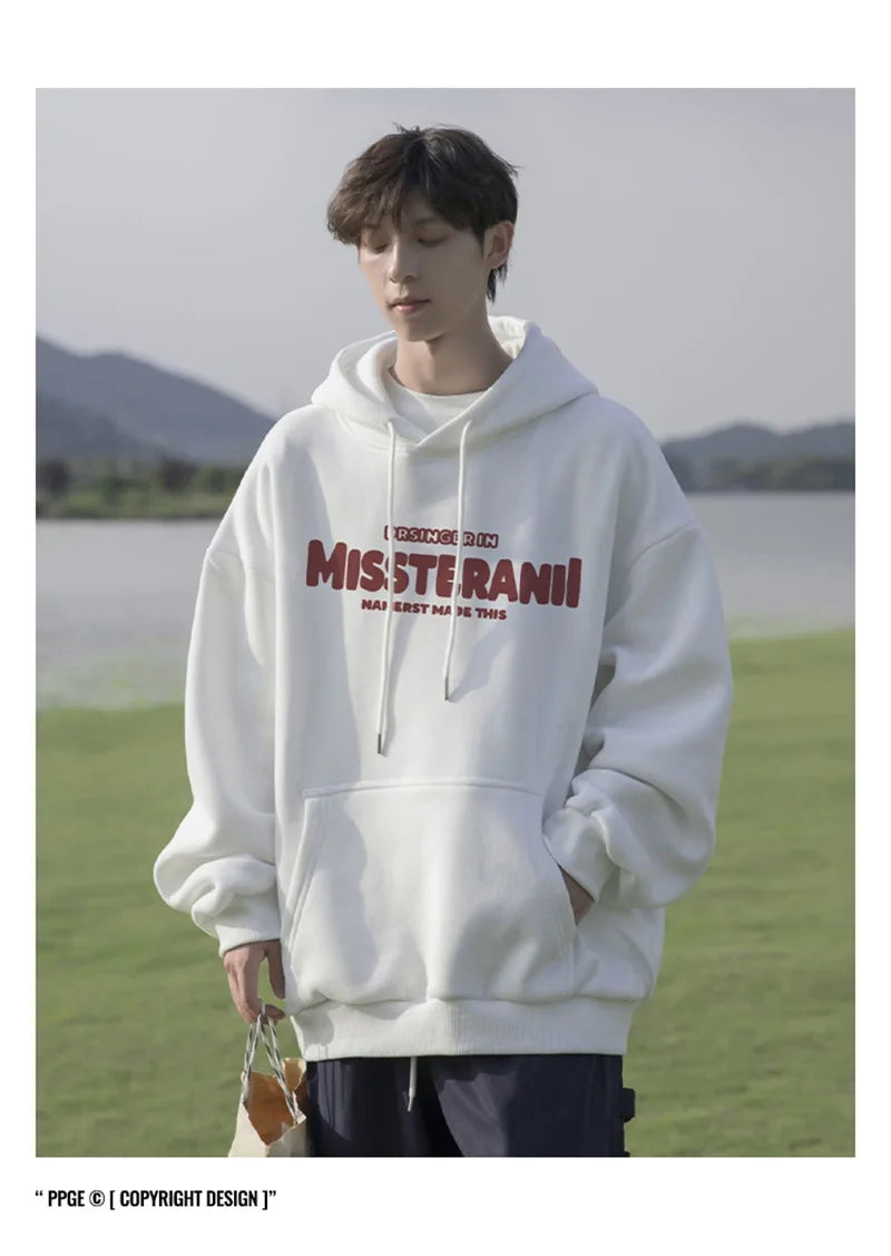American Retro Casual Hoodies For Men Letter Printed Loose Fit Hooded