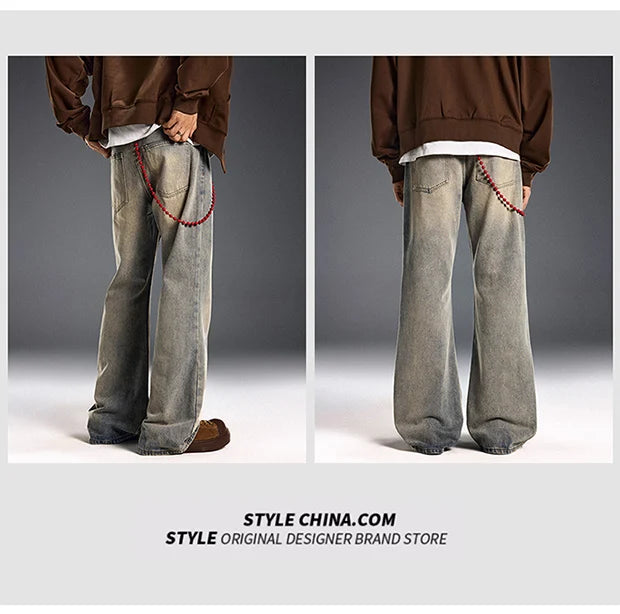 red chain pendant washed vintage jeans men women streetwear fashion hip hop loose casual wide leg denim jeans pants trousers unique jeans style 1480