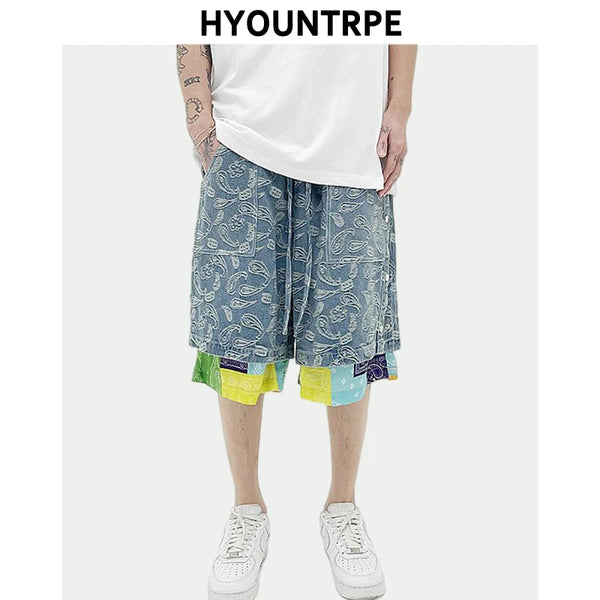 hip hop loose shorts elastic waist pants fashion patchwork half pant mens summer casual drewstring streetwear sportswear jogger urban active pants