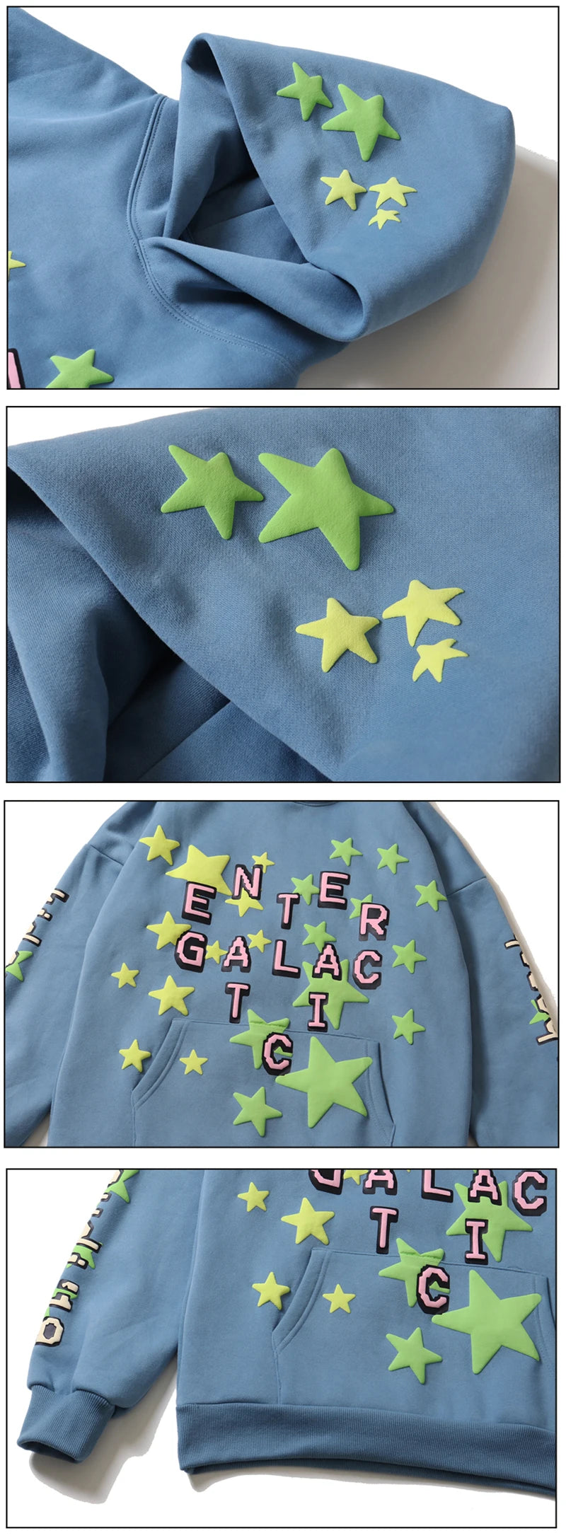High Street Letter Foam Stars Print Mens And Womens Fleece Hoodie Retr