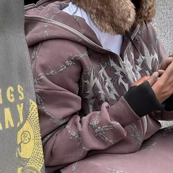 2024 European and American style loose men's zipper sweatshirt trend ins retro printed long-sleeved hooded jacket top