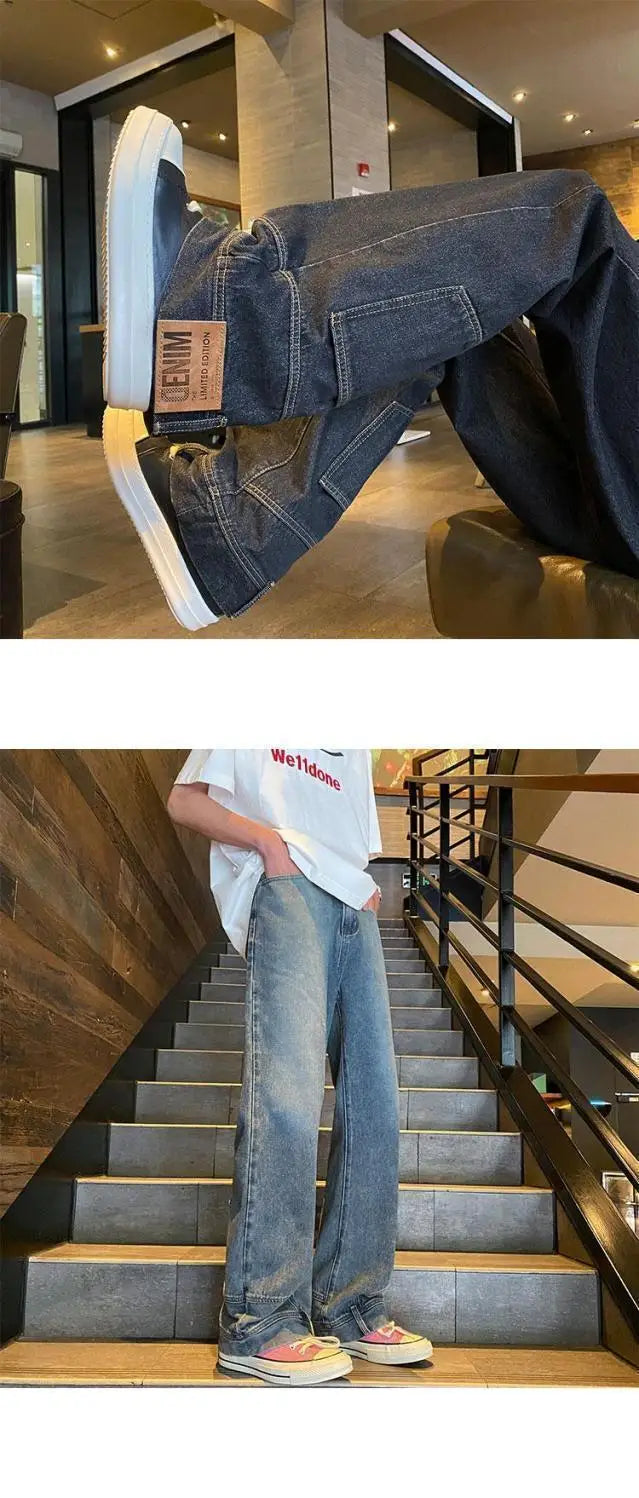 autumn vintage high street straight washed denim jeans for men and women trendy hip hop personality inverted loose casual pants unique jeans style 637
