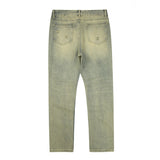 High Street Washed Hole Frayed Yellow Mud Jeans Men's Harajuku Retro Straight Pockets Solid Color Baggy Casual Denim Trousers