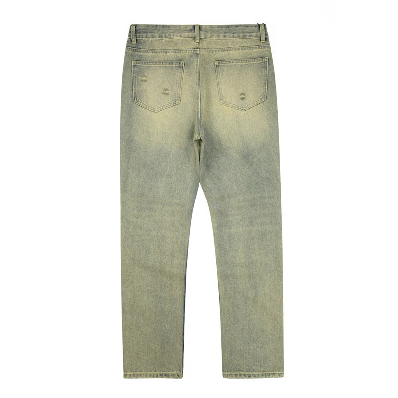 High Street Washed Hole Frayed Yellow Mud Jeans Men's Harajuku Retro Straight Pockets Solid Color Baggy Casual Denim Trousers