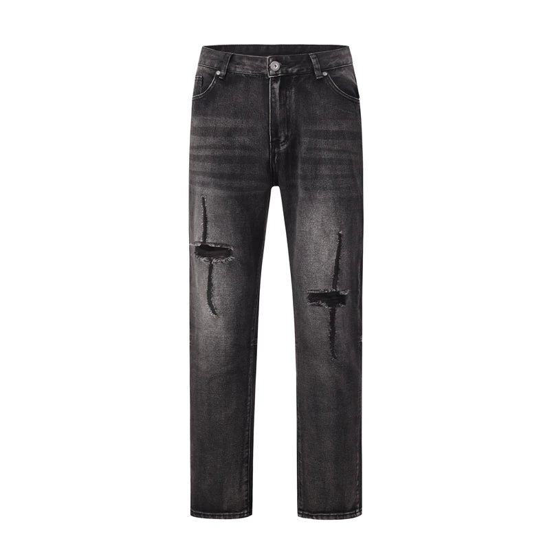 distressed hole ripped washed jeans pants for men straight retro streetwear baggy denim trousers frayed casual hip hop jean denim street jeans