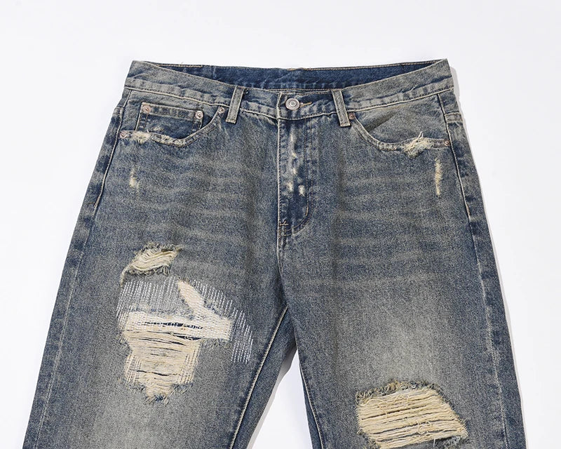 hole ripped retro straight spliced mens jeans streetwear washed pcoekts distressed denim trousers loose hip hop jean pants unique jeans style 526