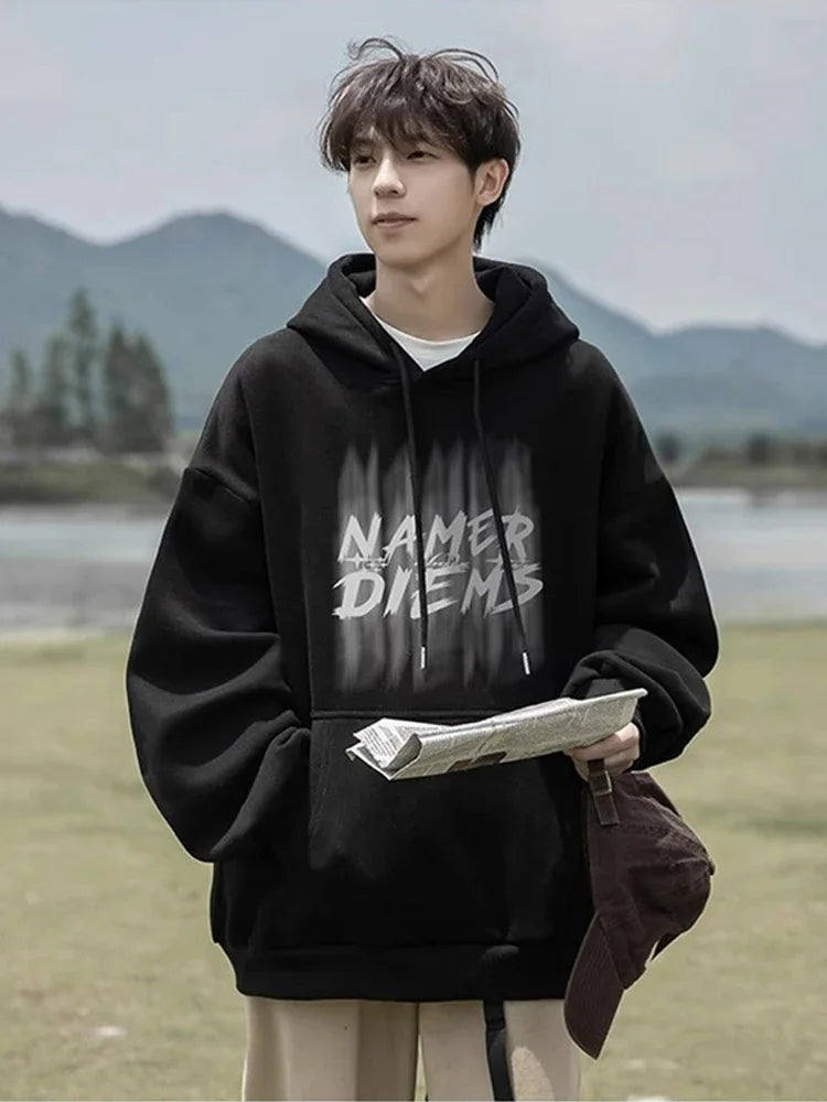 2024 New Graffiti Letter Print Hooded Fleece Sweatshirt For Men Loose