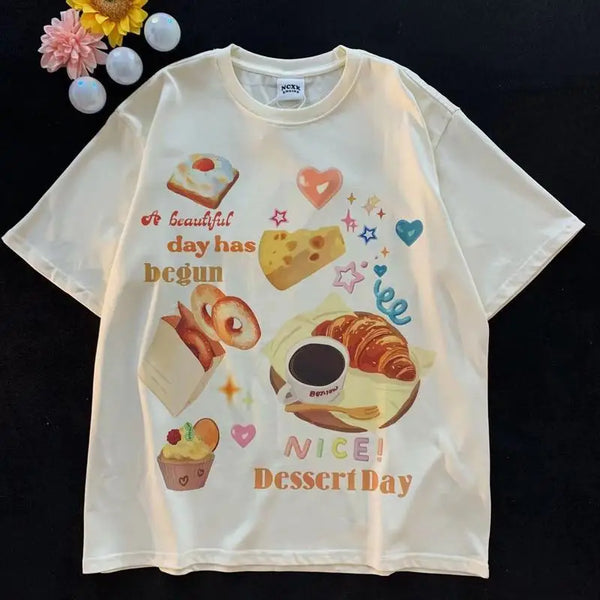 Sadcore T-Shirt – Vintage Dark Brown Anime Baked Food Print Oversized T Shirts – Modern Streetwear for Everyone