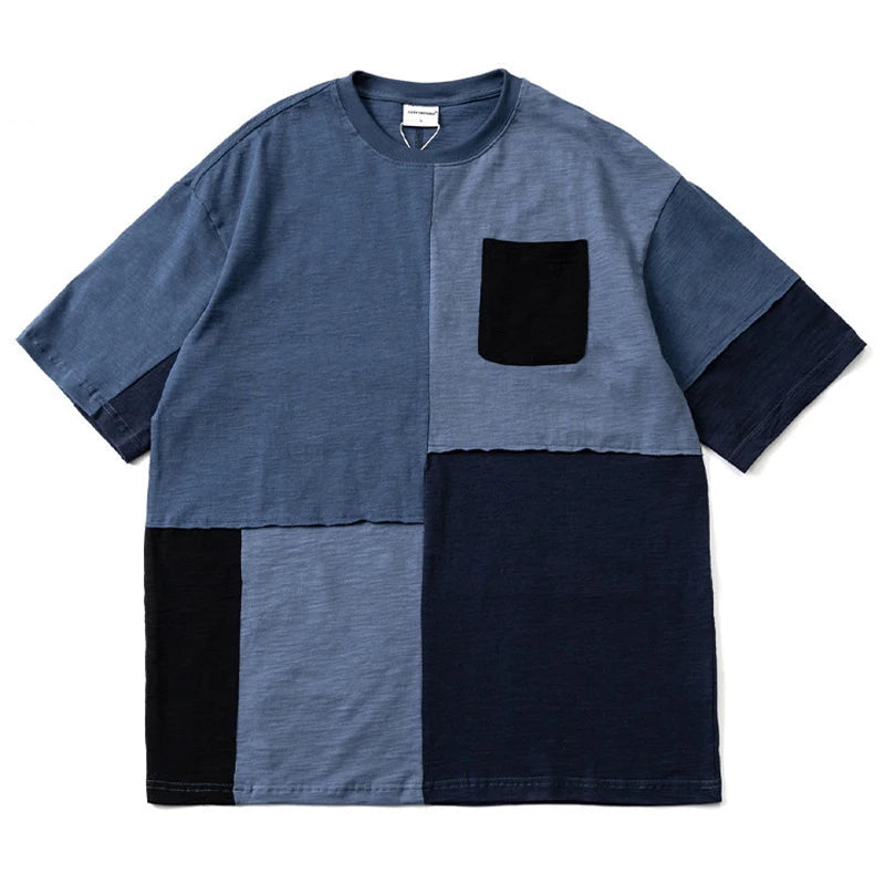 Glitchcore Aesthetic piece – 2024 Retro Color Block Patchworkt Shirt Hip Hop Streetwear T