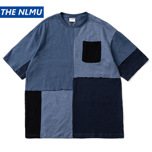 Glitchcore Aesthetic piece – 2024 Retro Color Block Patchworkt Shirt Hip Hop Streetwear T