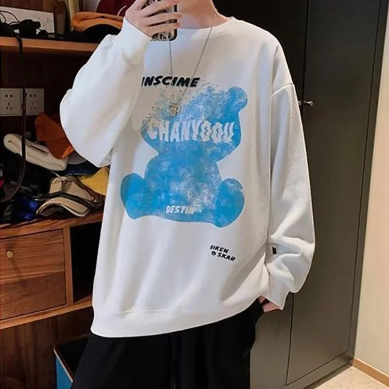 Graphic Blue Bear Kawaii Print Pullovers Hoodies For Men Autumn Fleece