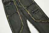 streetwear heavy craft washed distressed faded jeans flare slim straight tassel jeans for men and women raw edge denim pants unique jeans style 679