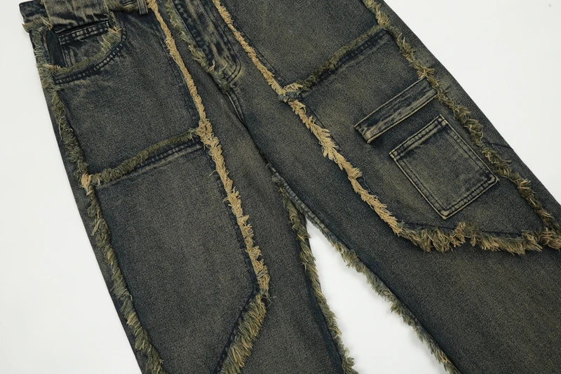 streetwear heavy craft washed distressed faded jeans flare slim straight tassel jeans for men and women raw edge denim pants unique jeans style 679